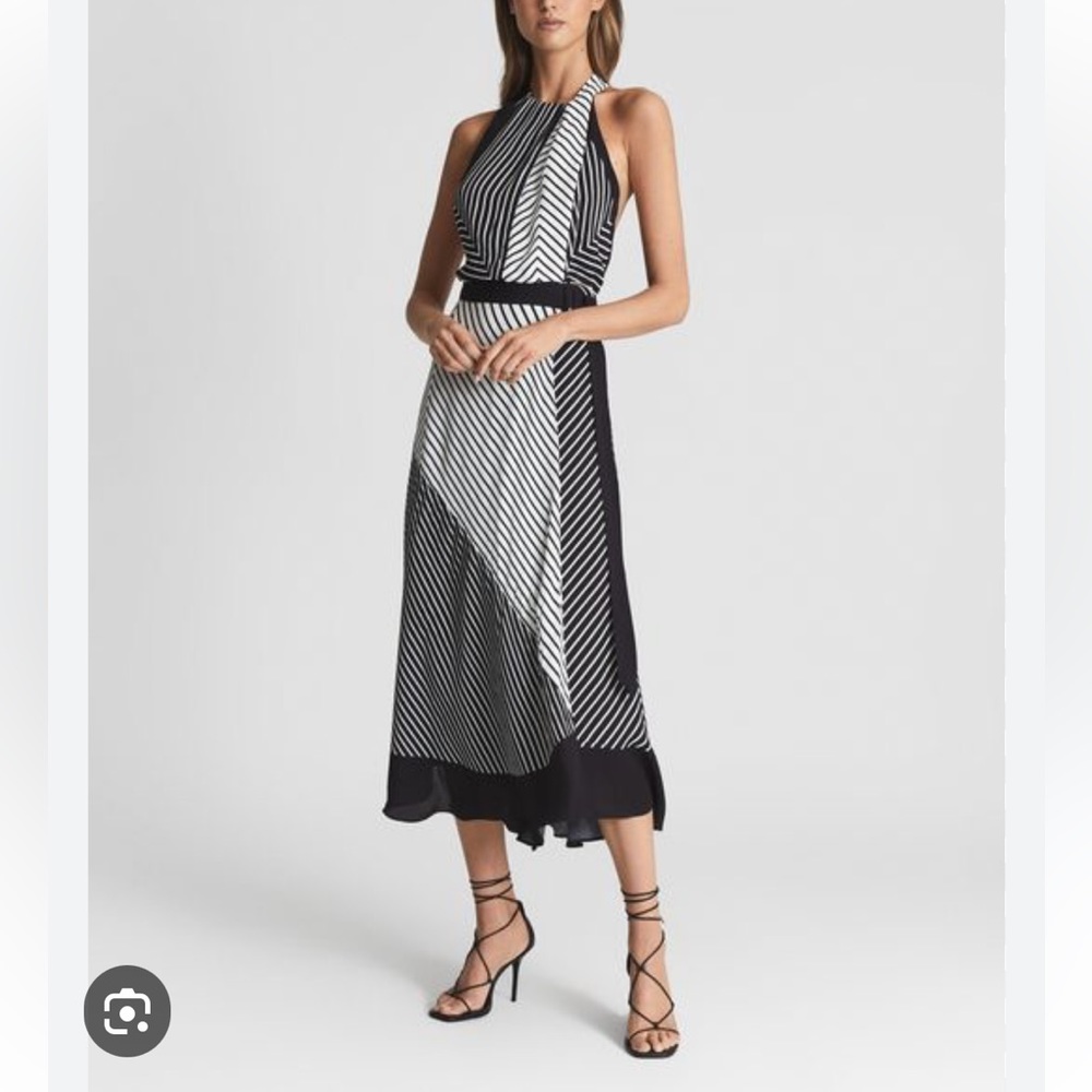 new w/ tiny flaw! REISS ILA MONO-STRIPE HALTER DRESS | SIZE 10 retail$400